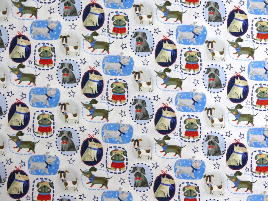Patchworkstoff mit verschiedenen Hunden und Zicklein